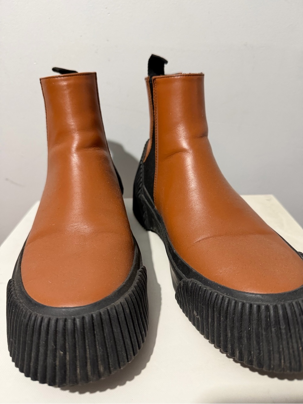 Helmut Lang Cognac Brown Leather Ankle Booties with Black Ribbed Sole